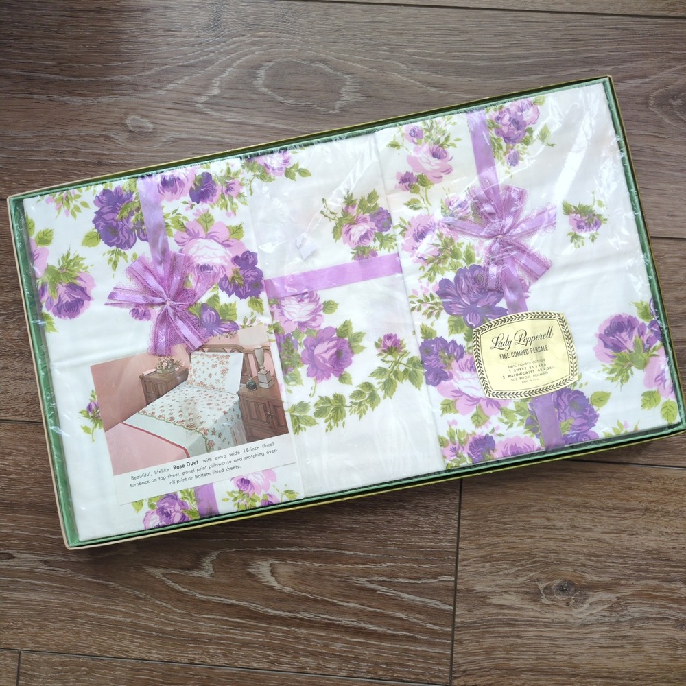 Vtg NOS Lady Pepperell Full Sheet Set‎ Flat + Pillowcases Purple Rose Sealed Box